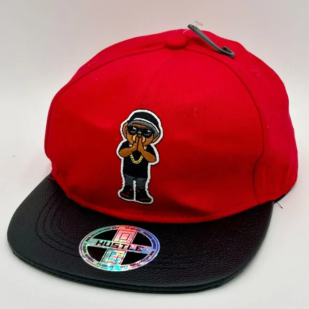 Hustle Bear Embroidery Snapback Youth Red With Black Leather Brim NWT